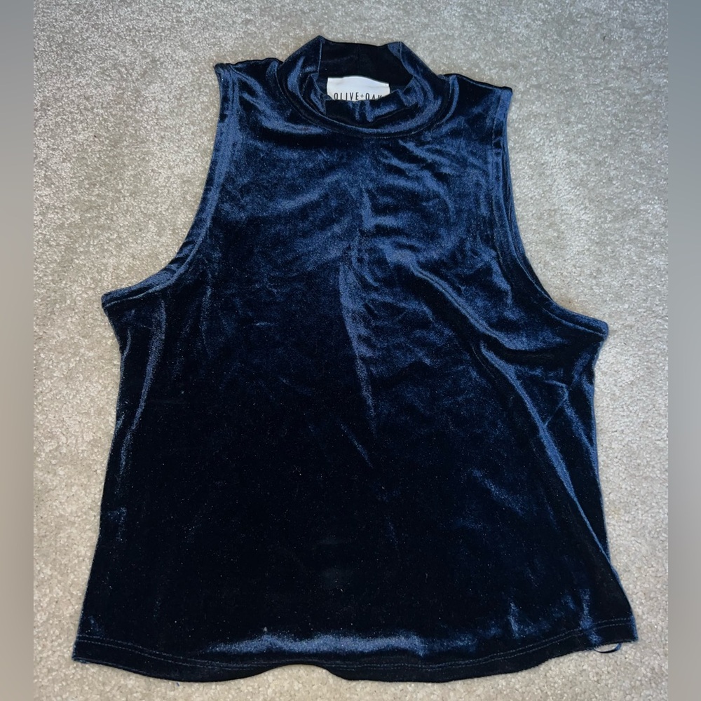 Navy Blue Velvet Full Length Mockneck Tank Top